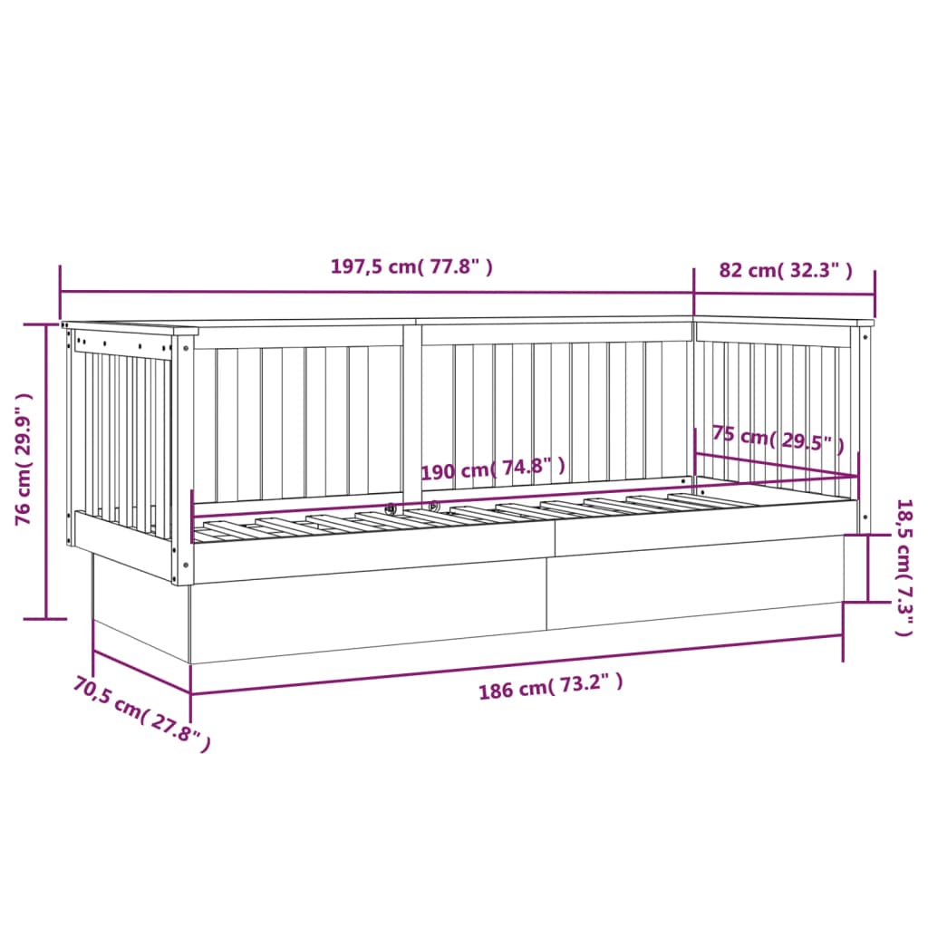 vidaXL Svefnsófi án Dýnu Hvítur 75x190 cm Gegnheil Fura