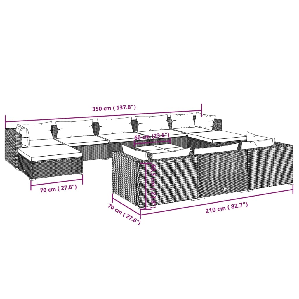 vidaXL 11 Hluta Garðsófasett með Sessum Pólýrattan Brúnt