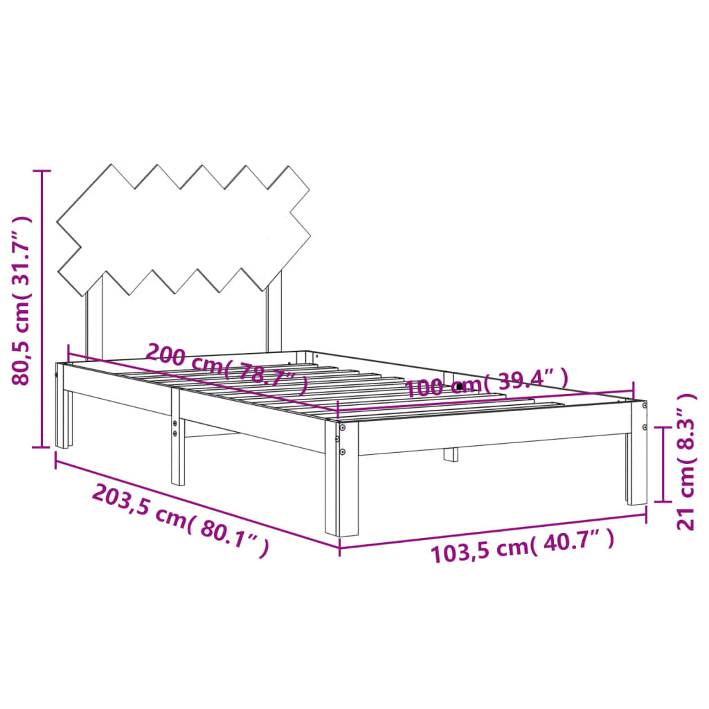 vidaXL Rúmgrind með Höfuðgafli Hvítur 100x200 cm Gegnheil viðar