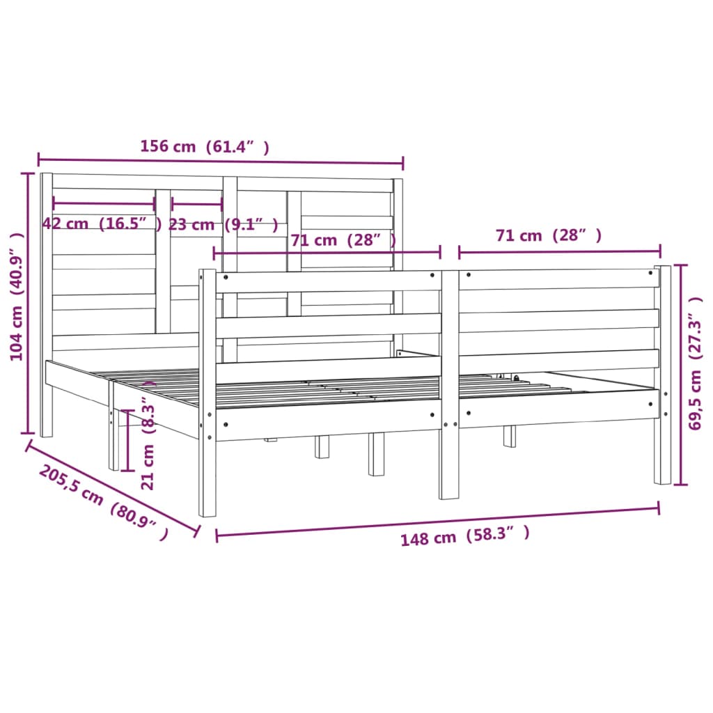 vidaXL Rúmgrind án Dýnu Gegnheil Viður 150x200 cm