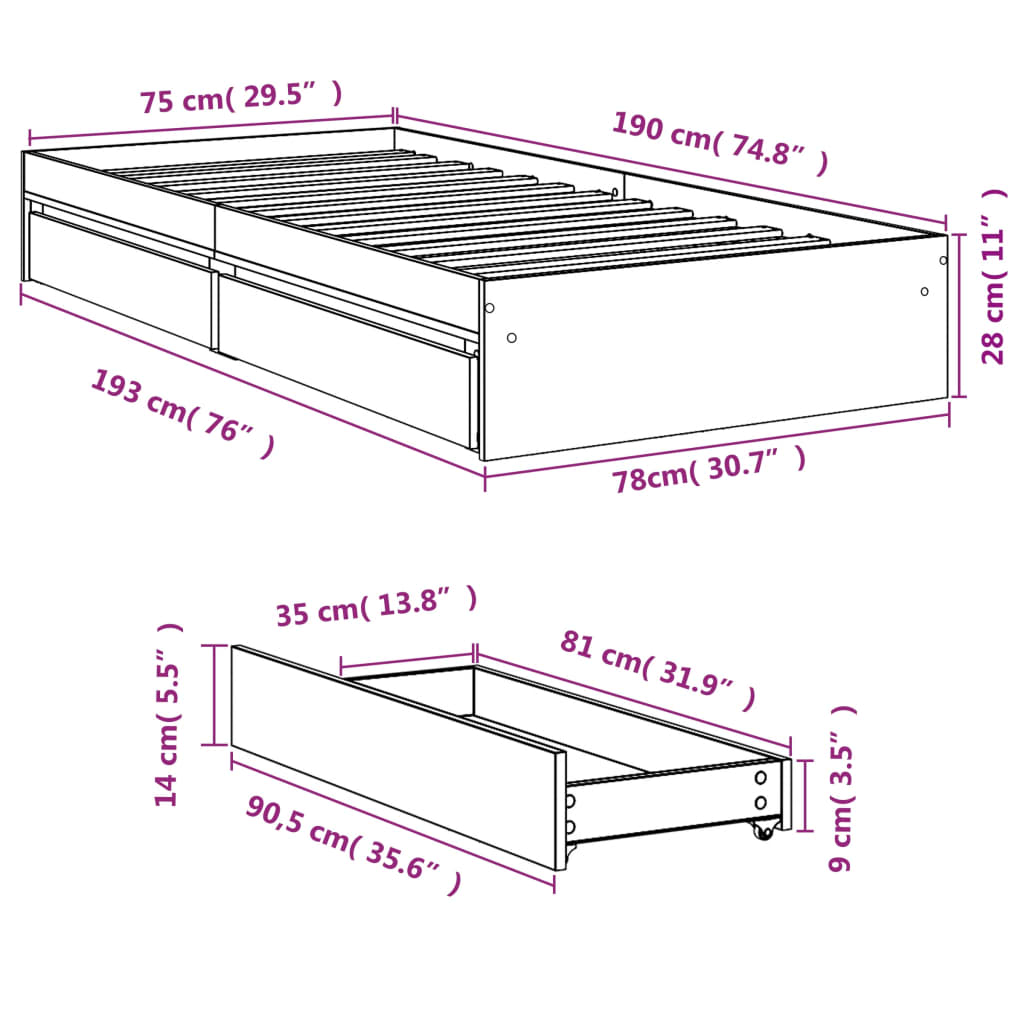 vidaXL Rúmgrind með Skúffum án Dýnu Gráir Sonoma Eik 75x190 cm