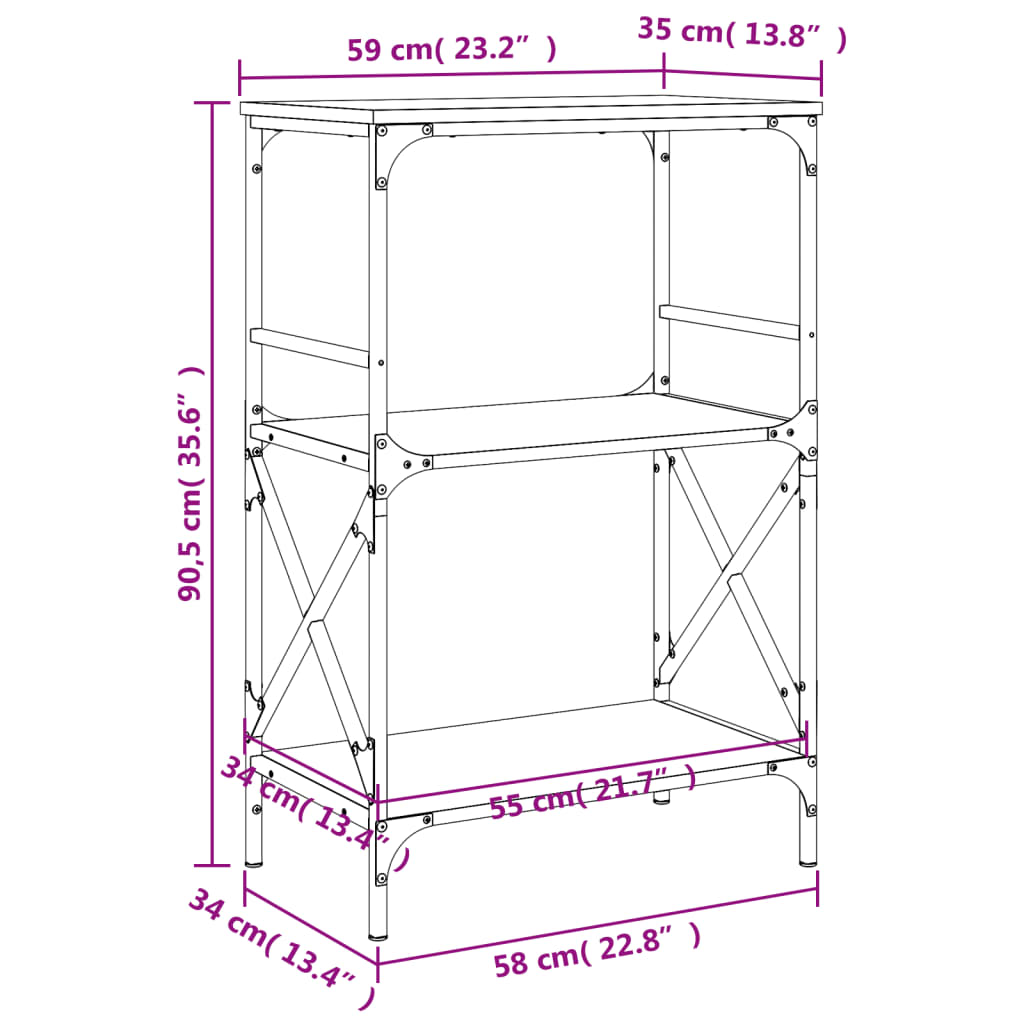 vidaXL Bókahilla með 3 Hillum Brún Eik 59x35x90,5 Samsettur Viður