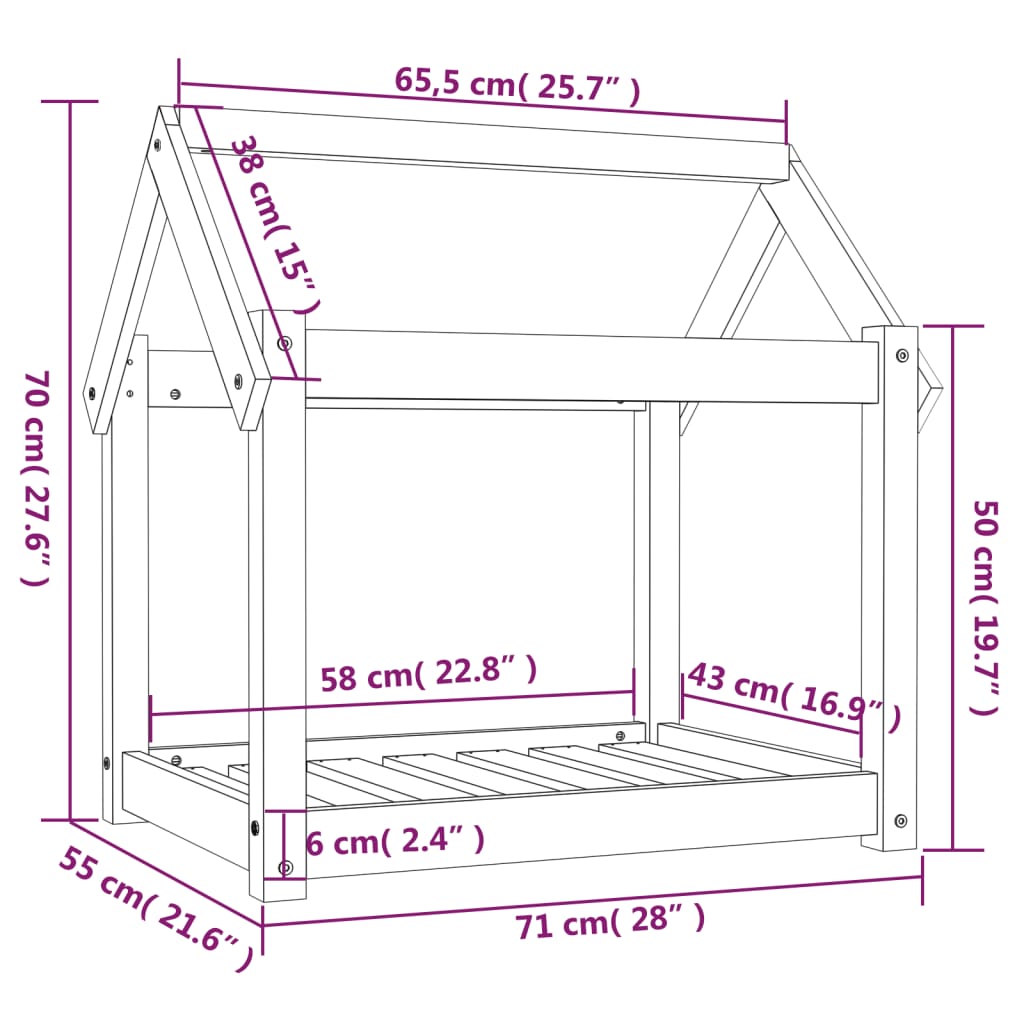 vidaXL Hundarúm Svart 71x55x70 cm Gegnheil Fura