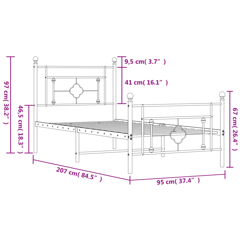 vidaXL Rúmgrind úr Málmi með Höfuðgafli & Fótagafli Svört 90x200 cm