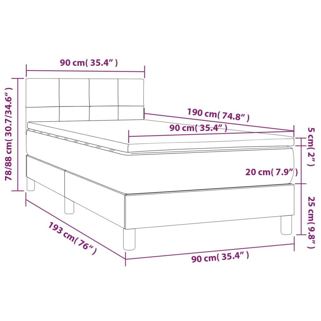 vidaXL Hólfað Springrúm með Dýnu og LED Blátt 90x190cm Tauefni