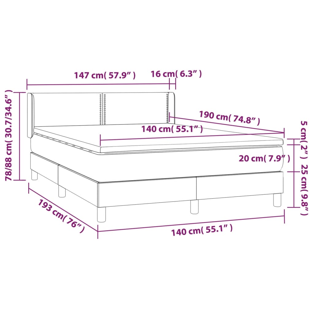 vidaXL Hólfað Springrúm með Dýnu Blátt 140x190 cm Tauefni