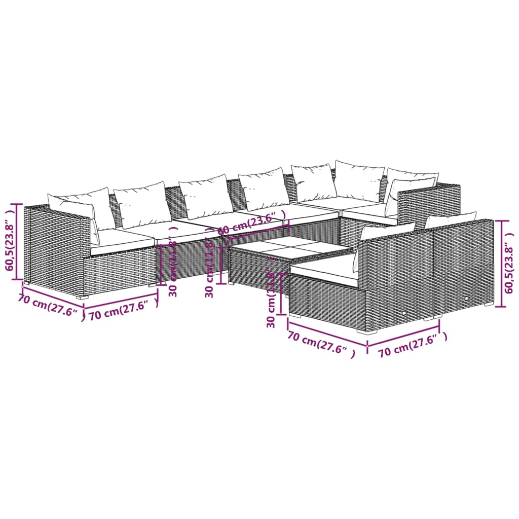 vidaXL 9 Hluta Garðsófasett með Púðum Pólýrattan Brúnt