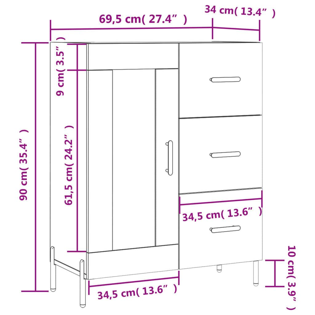 vidaXL Skenkur Steypugrár 69,5x34x90 cm Samsettur Viður