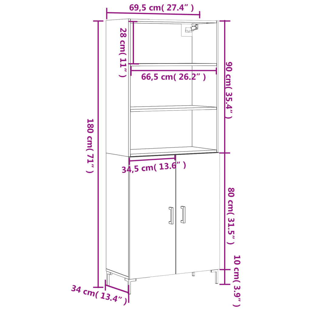 vidaXL Hár Skápur Grár Sonoma 69,5x34x180 cm Samsettur Viður