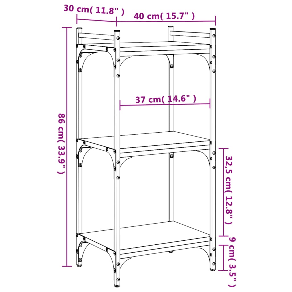 vidaXL Bókahilla með 3 Hillum Sonoma Eik 40x30x86 cm Samsettur Viður