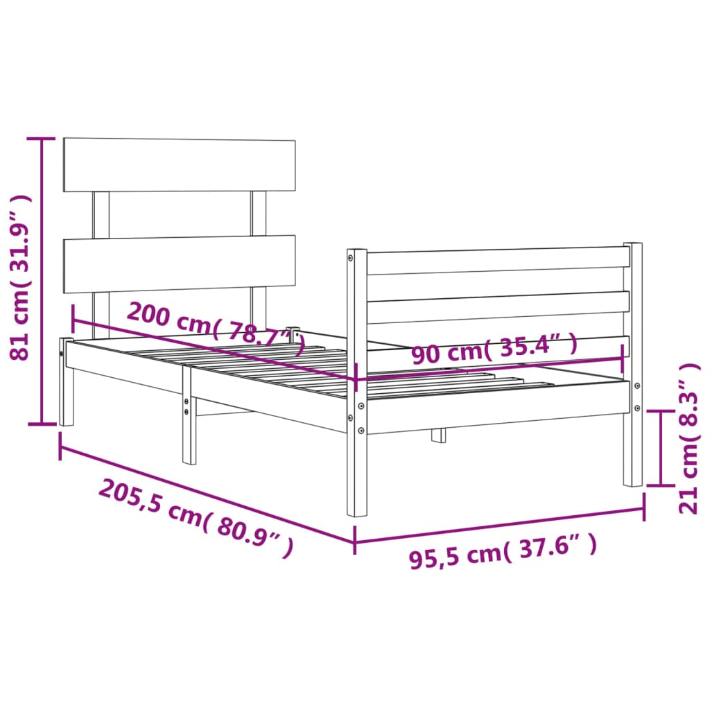 vidaXL Rúmgrind án Dýnu Hvítur 90x200 cm Gegnheil Viður