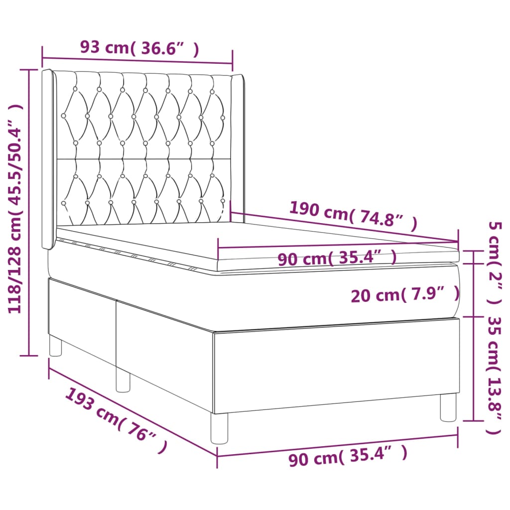 vidaXL Hólfað Springrúm með Dýnu Svart 90x190 cm Flaueli