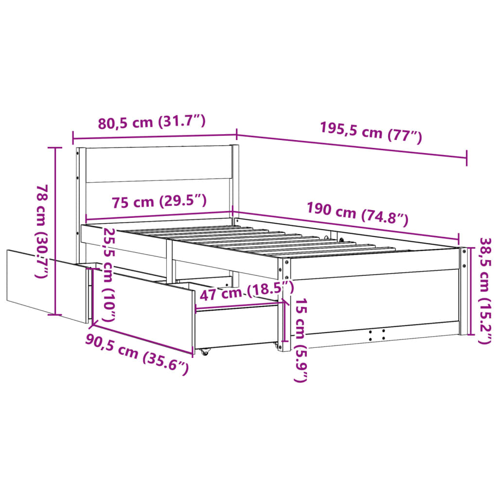 vidaXL Rúmgrind án Dýnu 75x190 cm Gegnheil Fura