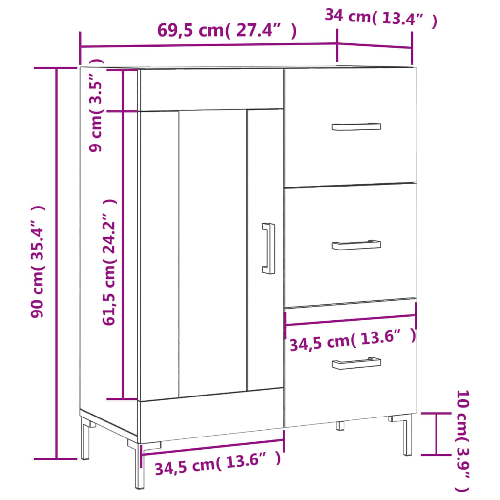 vidaXL Skenkur Hvítur 69,5x34x90 cm Samsettur Viður