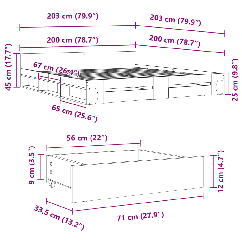 vidaXL Rúmgrind með Skúffum án Dýnu Sonoma Eikarlitur 200x200 cm