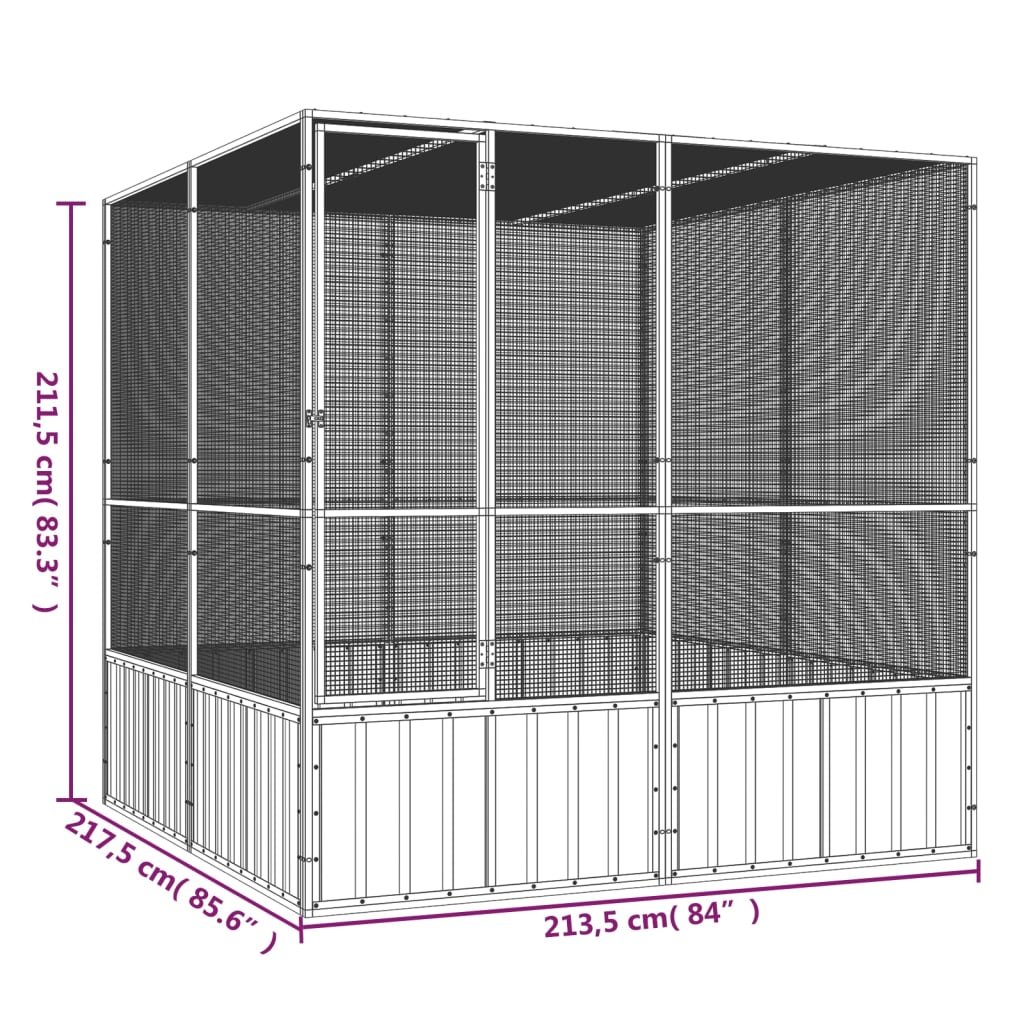 vidaXL Fuglabúr Reykgrár 213,5x217,5x211,5 cm Sinkhúðað Stál