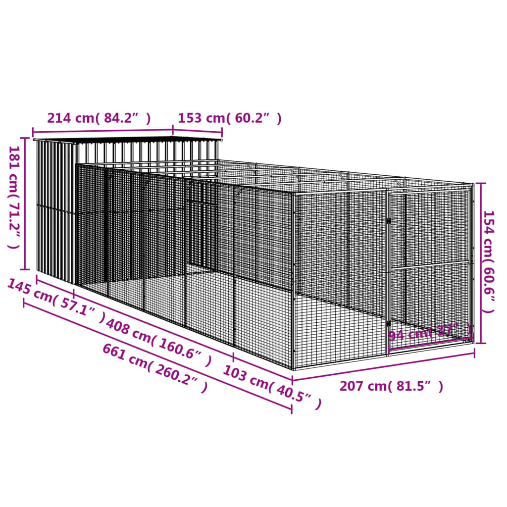 vidaXL Hundakofi með Útisvæði Reykgrár 214x661x181 cm Sinkhúðað Stál