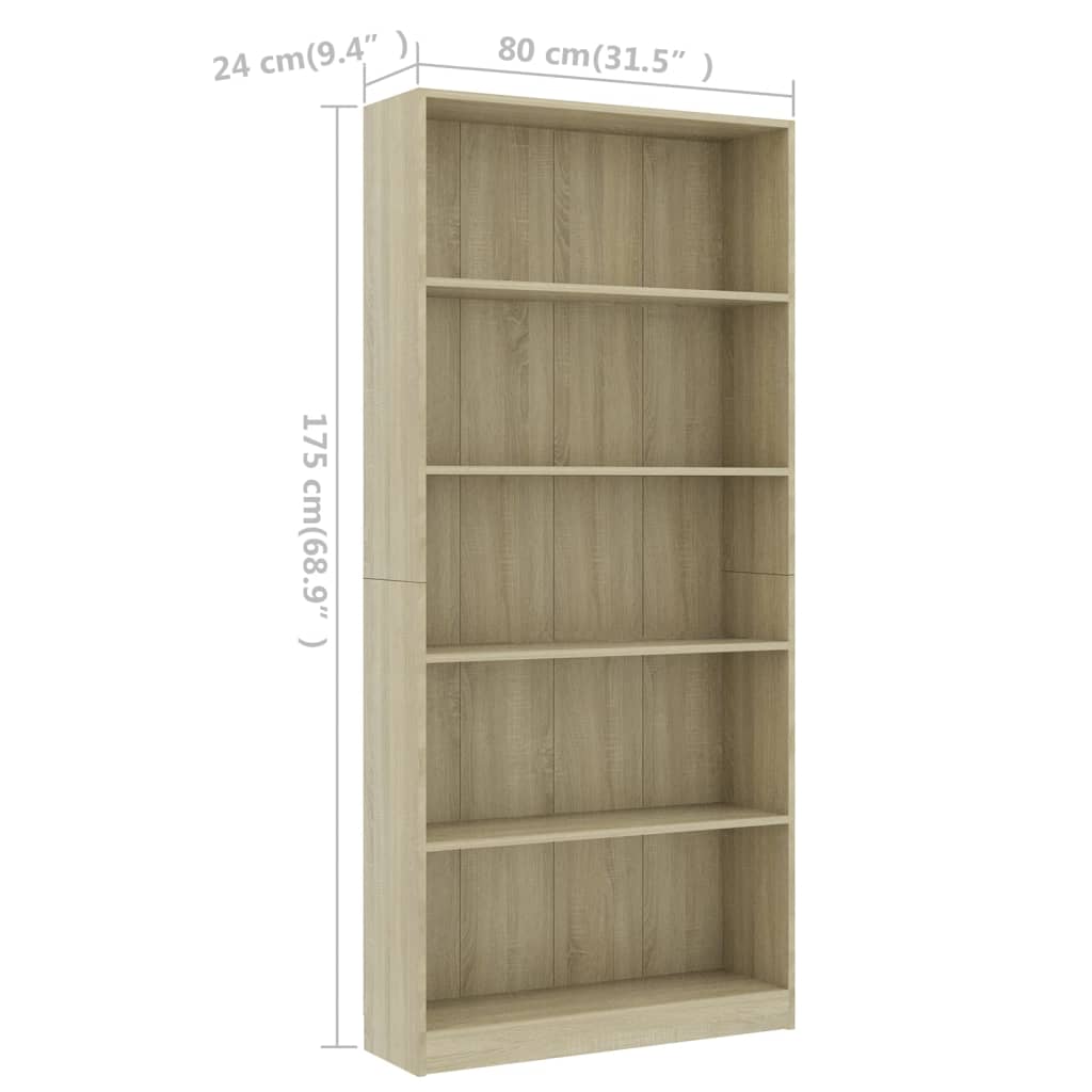 800921 vidaXL 5-Tier Book Cabinet Sonoma Oak 80x24x175 cm Chipboard