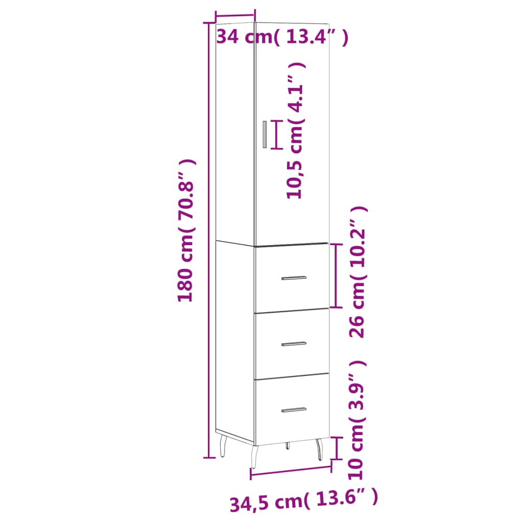 vidaXL Hár Skápur Brún Eik 34,5x34x180 cm Samsettur Viður