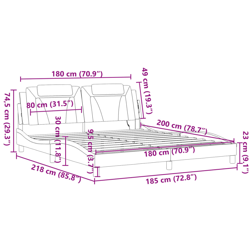 vidaXL Rúmgrind með LED án Dýnu Svart og Hvítur 180x200 cm