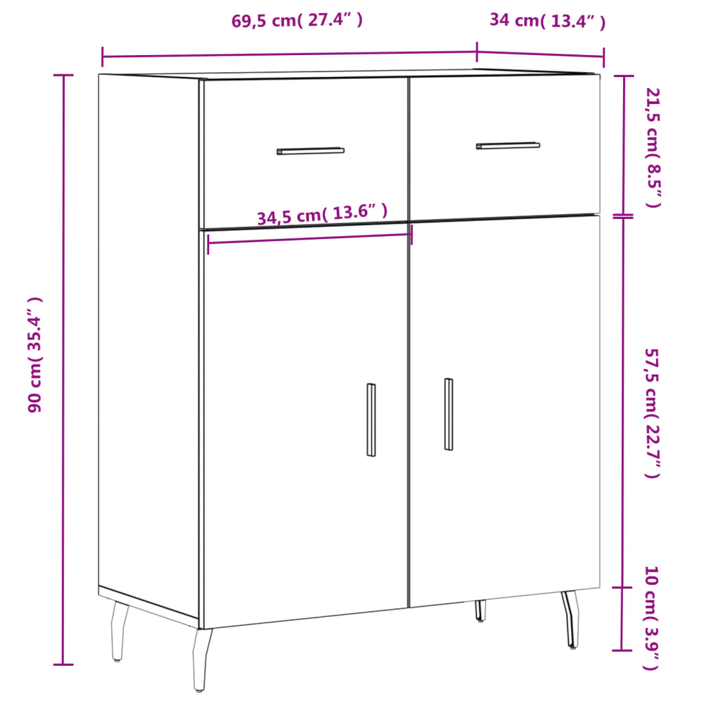 vidaXL Skenkur Steypugrár 69,5x34x90 cm Samsettur Viður