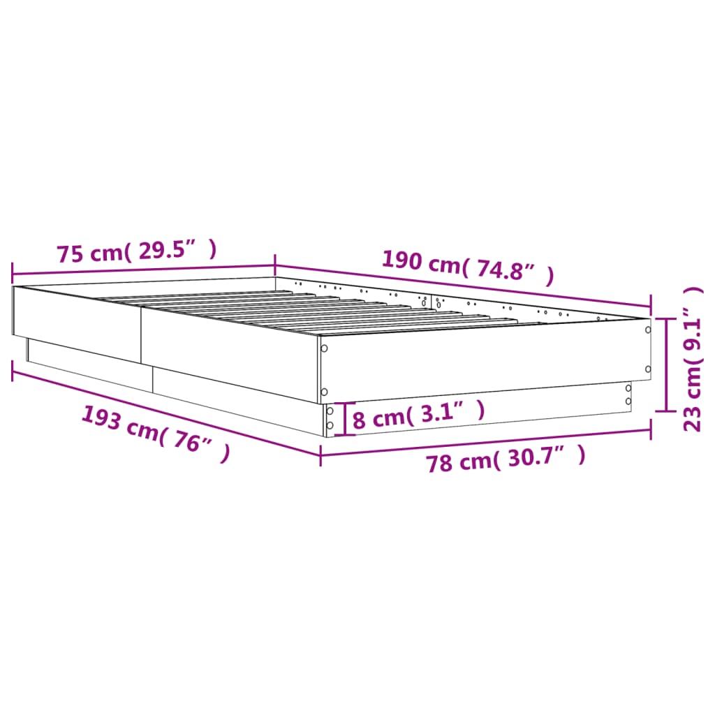 vidaXL Rúmgrind Reyktóna Eikarlitur 75x190 cm Samsettur Viður