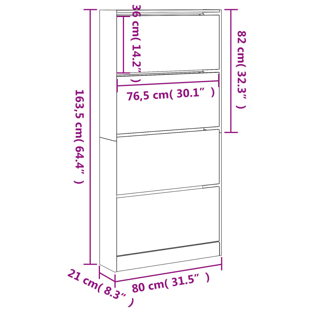 vidaXL Skóskápur með 4 Lóðréttum Skúffum Hvítur 80x21x163,5 cm