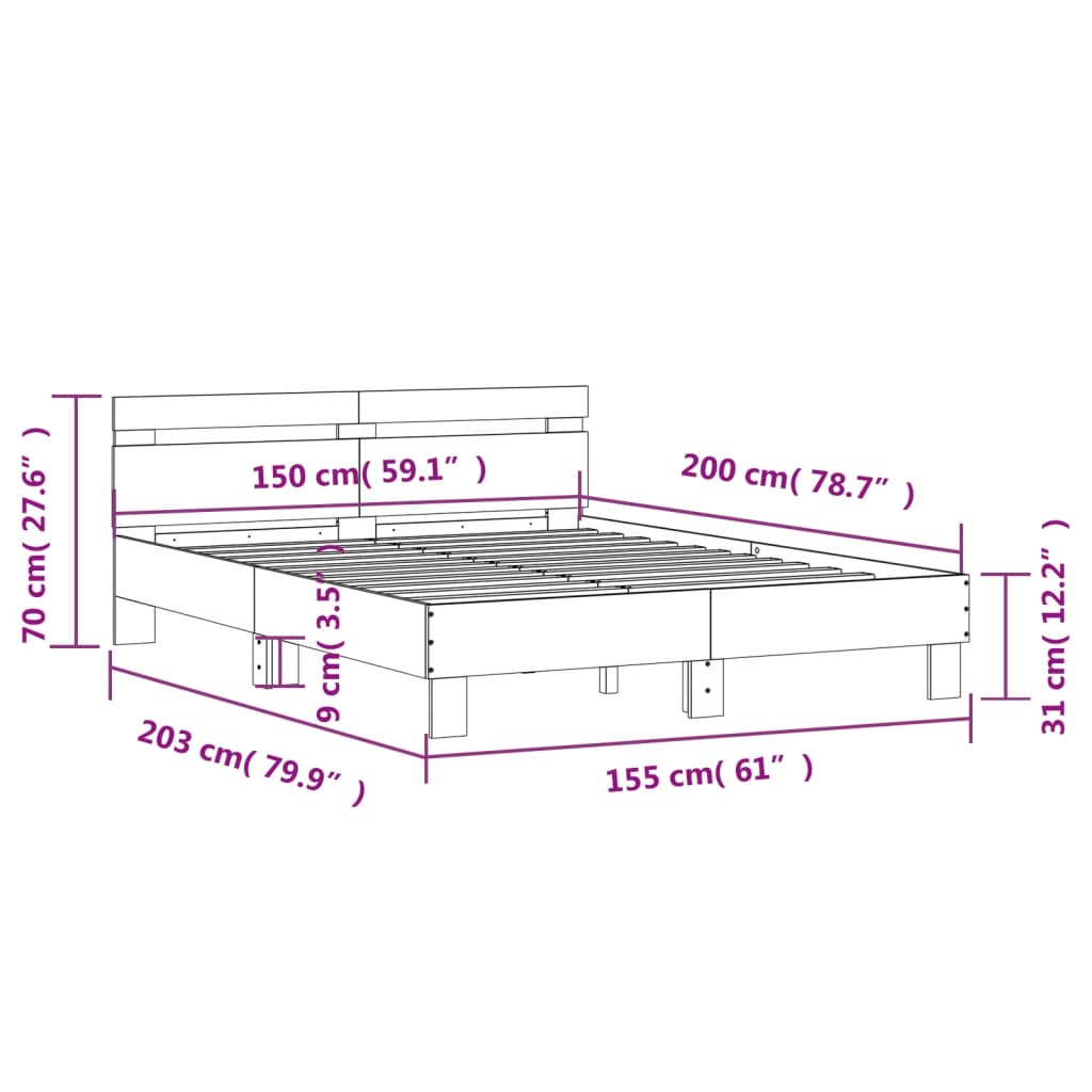 vidaXL Rúmgrind með Höfuðgafli Steypugrá 150x200 cm Samsettur Viður