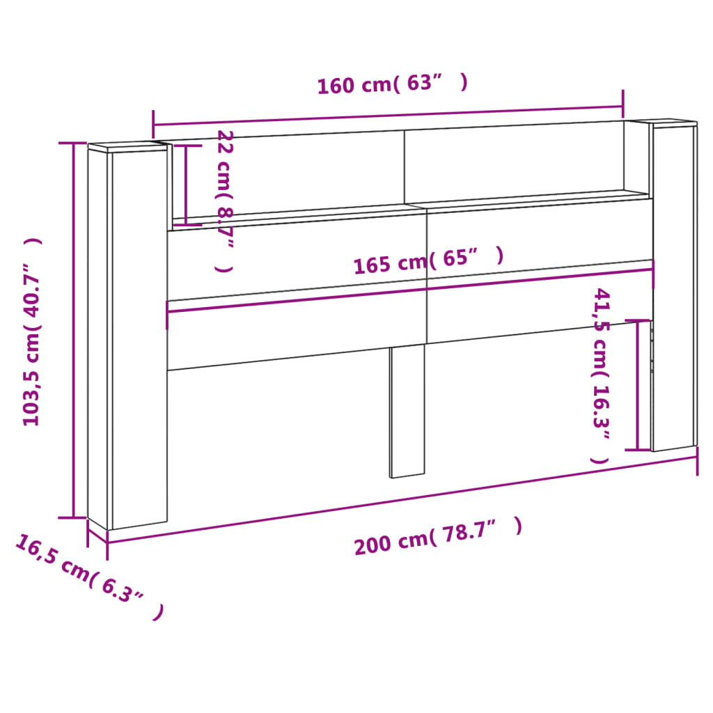 vidaXL Höfuðgaflsskápur með LED Grátt Sonoma 200x16,5x103,5 cm