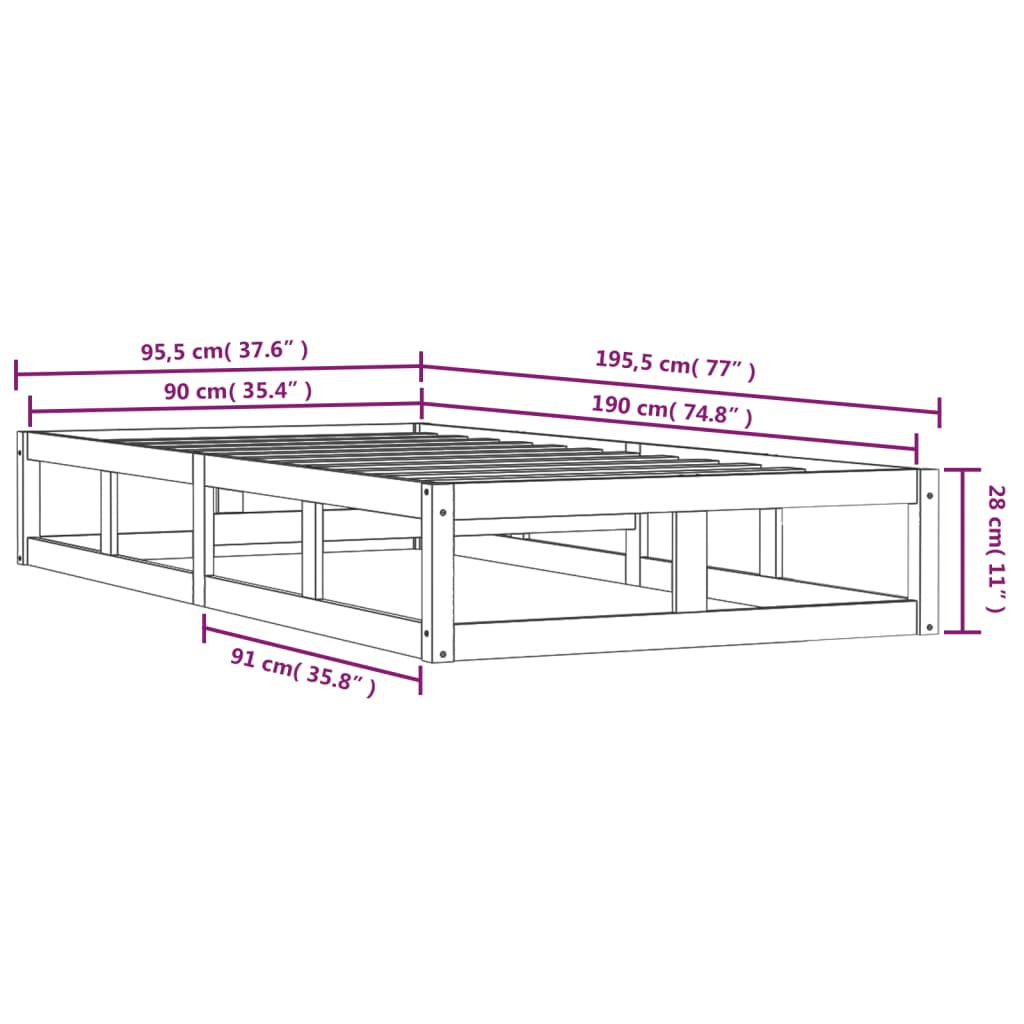 vidaXL Rúmgrind 90x190 cm Gegnheill Einbreið