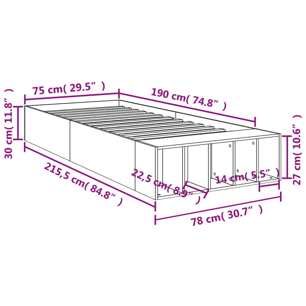 vidaXL Rúmgrind án Dýnu Sonoma Eikarlitur 75x190 cm