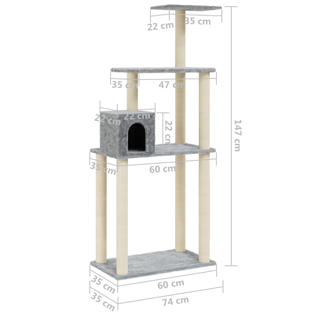 vidaXL Kattatré með Sísalklórustaurum Ljósgrátt 147 cm