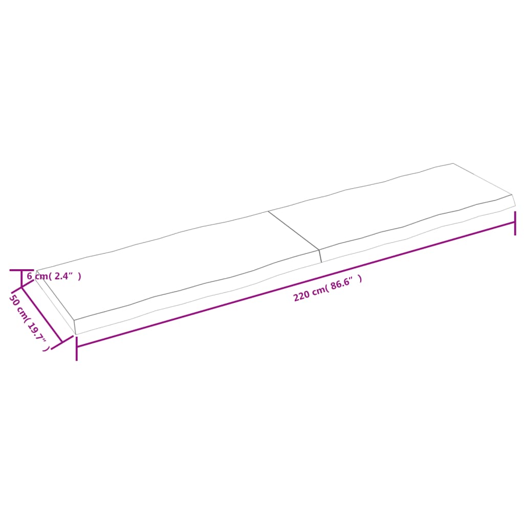 vidaXL Borðplata Ljósbrún 220x50x(2-6) cm Meðhöndluð Náttúrul. Brúnir