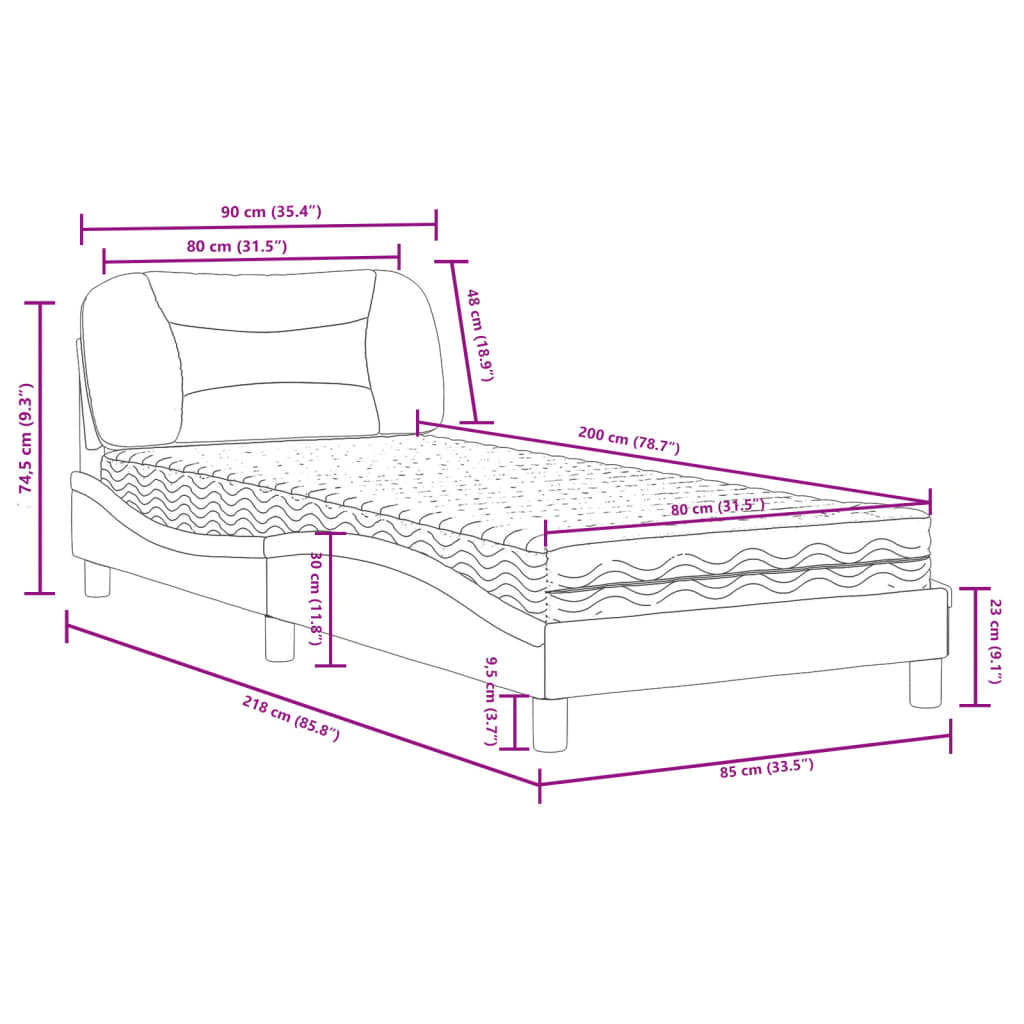 vidaXL Rúm með Dýnu Svartur og hvítur 80x200 cm Gervileður