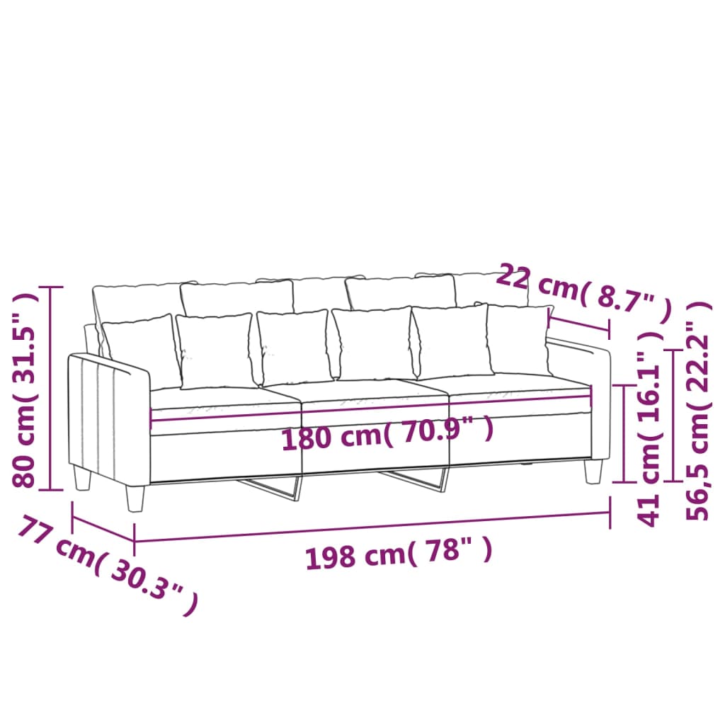 vidaXL 3-Sæta Sófi Vínrauður 180 cm Efnisáklæði