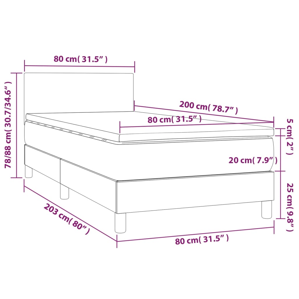 vidaXL Hólfað Springrúm með Dýnu Dökkgrátt 80x200 cm Tauefni