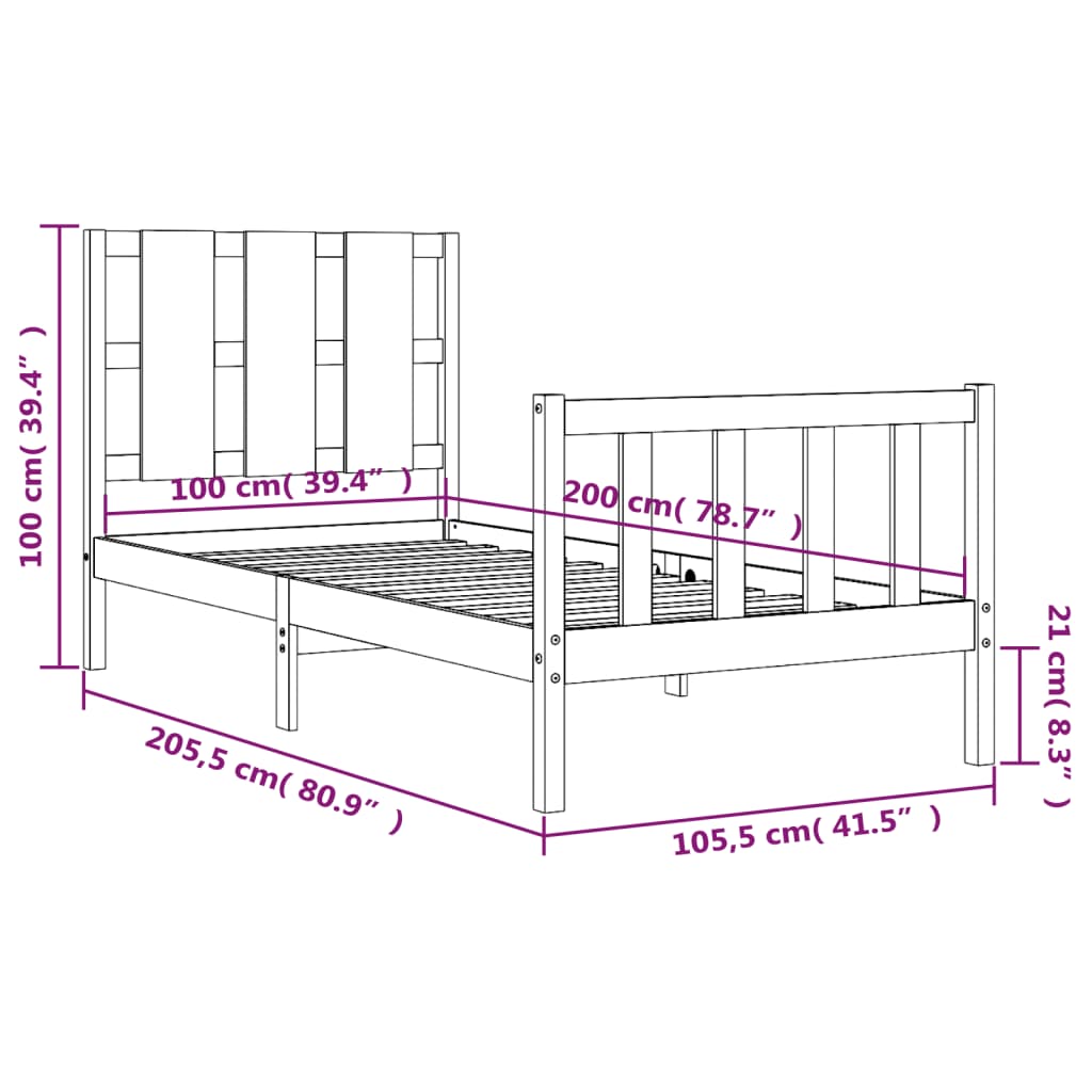 vidaXL Rúmgrind með Höfuðgafli Svartur 100x200 cm Gegnheil viðar