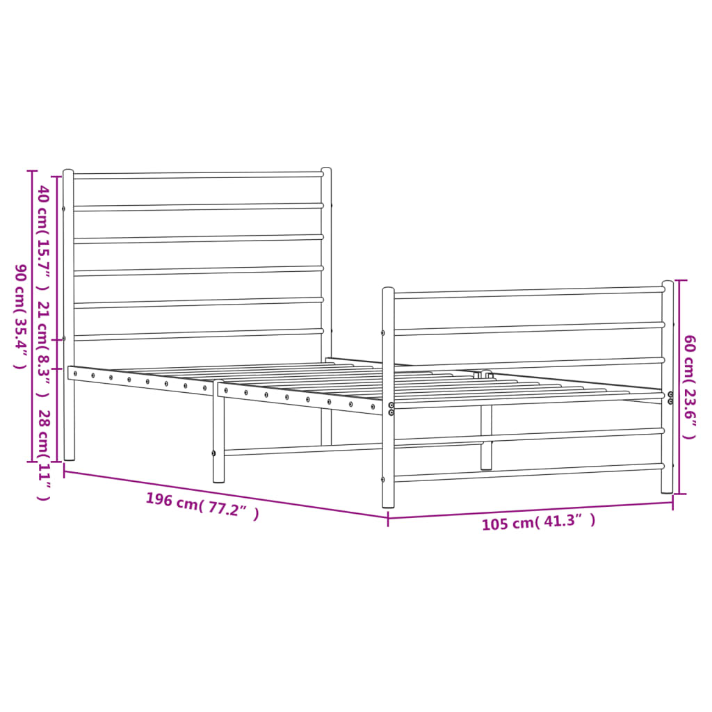 vidaXL Rúmgrind úr Málmi með Höfuðgafli & Fótagafli Hvít 100x190 cm