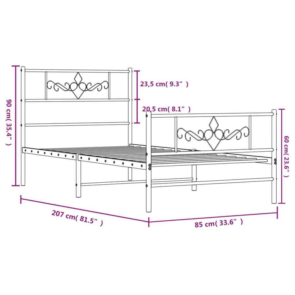 vidaXL Rúmgrind úr Málmi með Höfuðgafli & Fótagafli Svört 80x200 cm