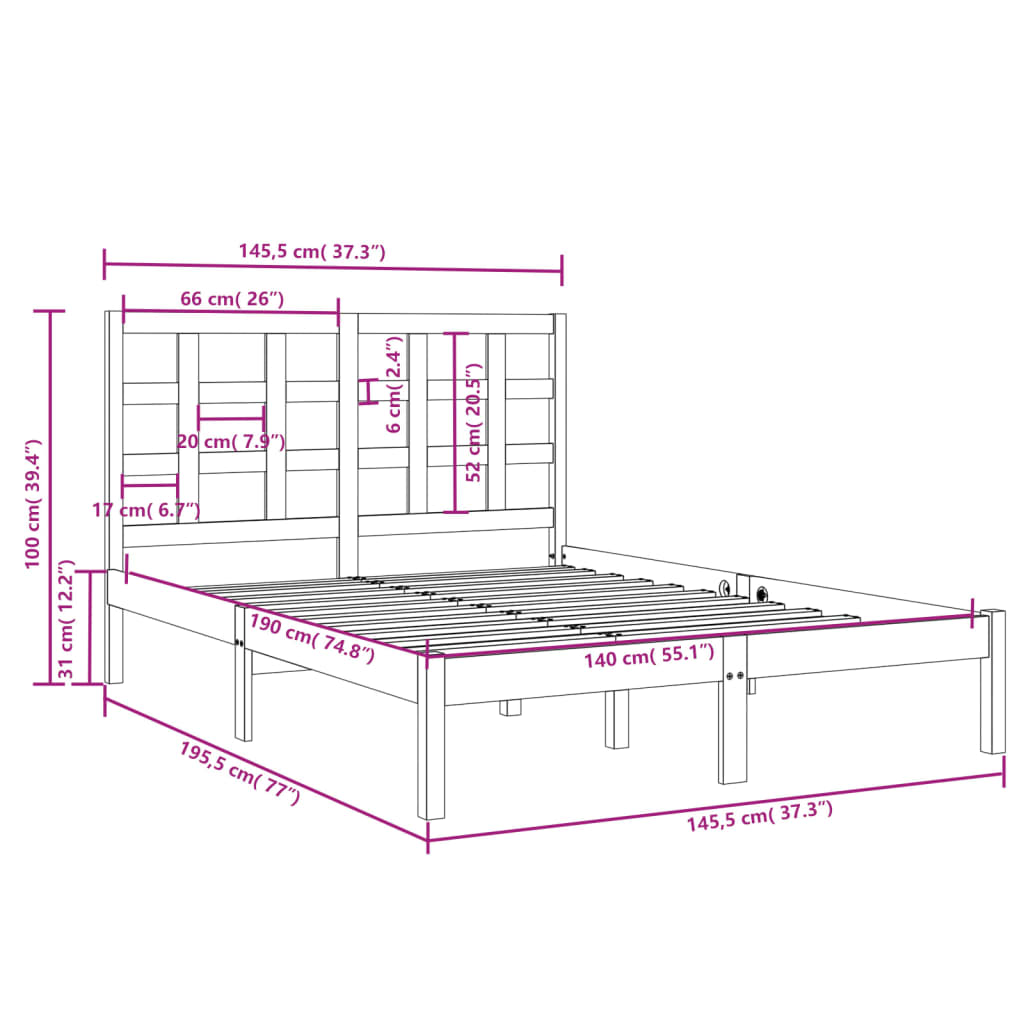 vidaXL Rúmgrind Gegnheill Viður 140x190 cm