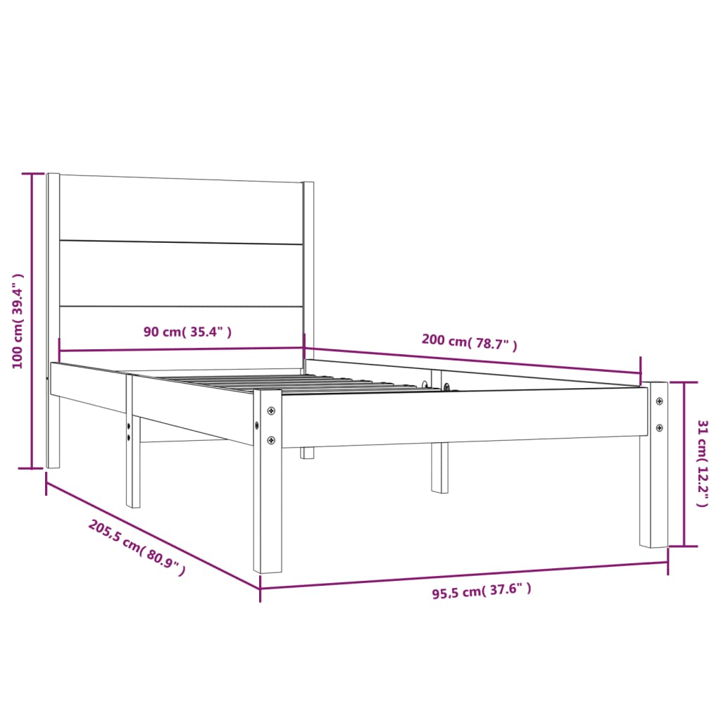 vidaXL Rúmgrind Grátt Gegnheil Fura 90x200 cm