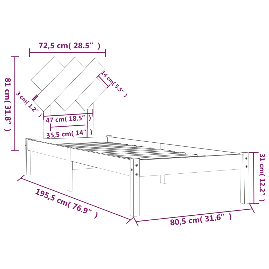 vidaXL Rúmgrind Svört 75x190 cm Lítil Einbreið Gegnheil Fura