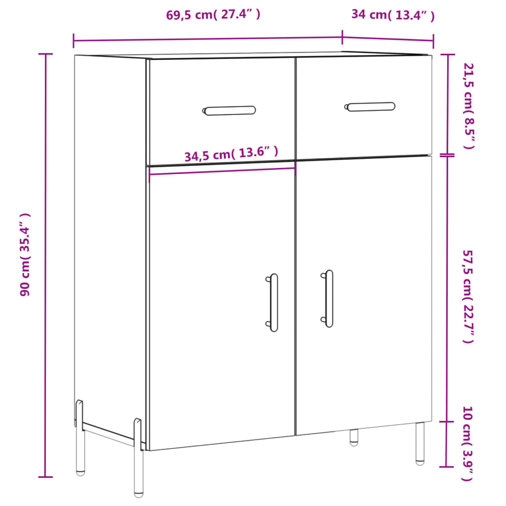 vidaXL Skenkur Háglans Hvítur 69,5x34x90 cm Samsettur Viður