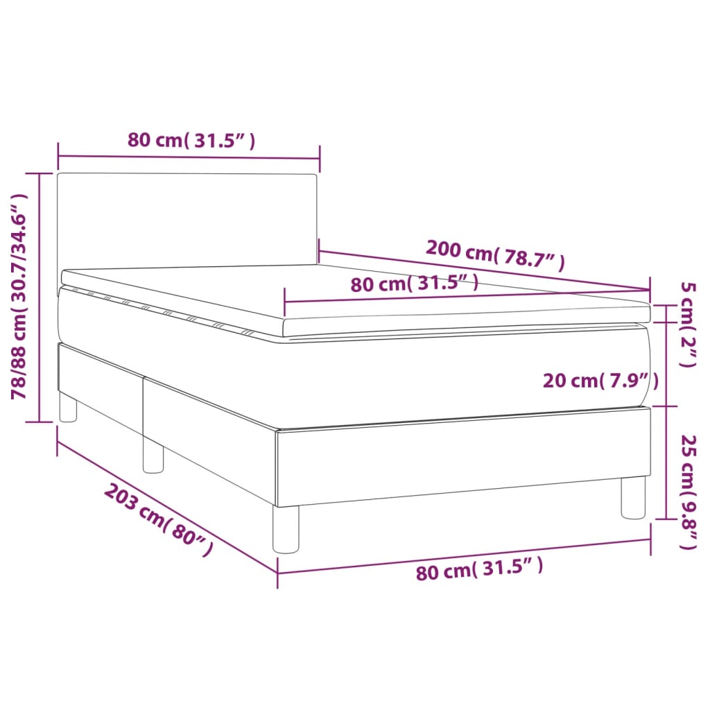 vidaXL Hólfað Springrúm með Dýnu Ljósgrátt 80x200 cm Tauefni