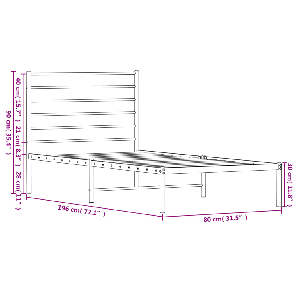 vidaXL Rúmgrind úr Málmi án Dýnu með Höfðagafli Svört 75x190 cm