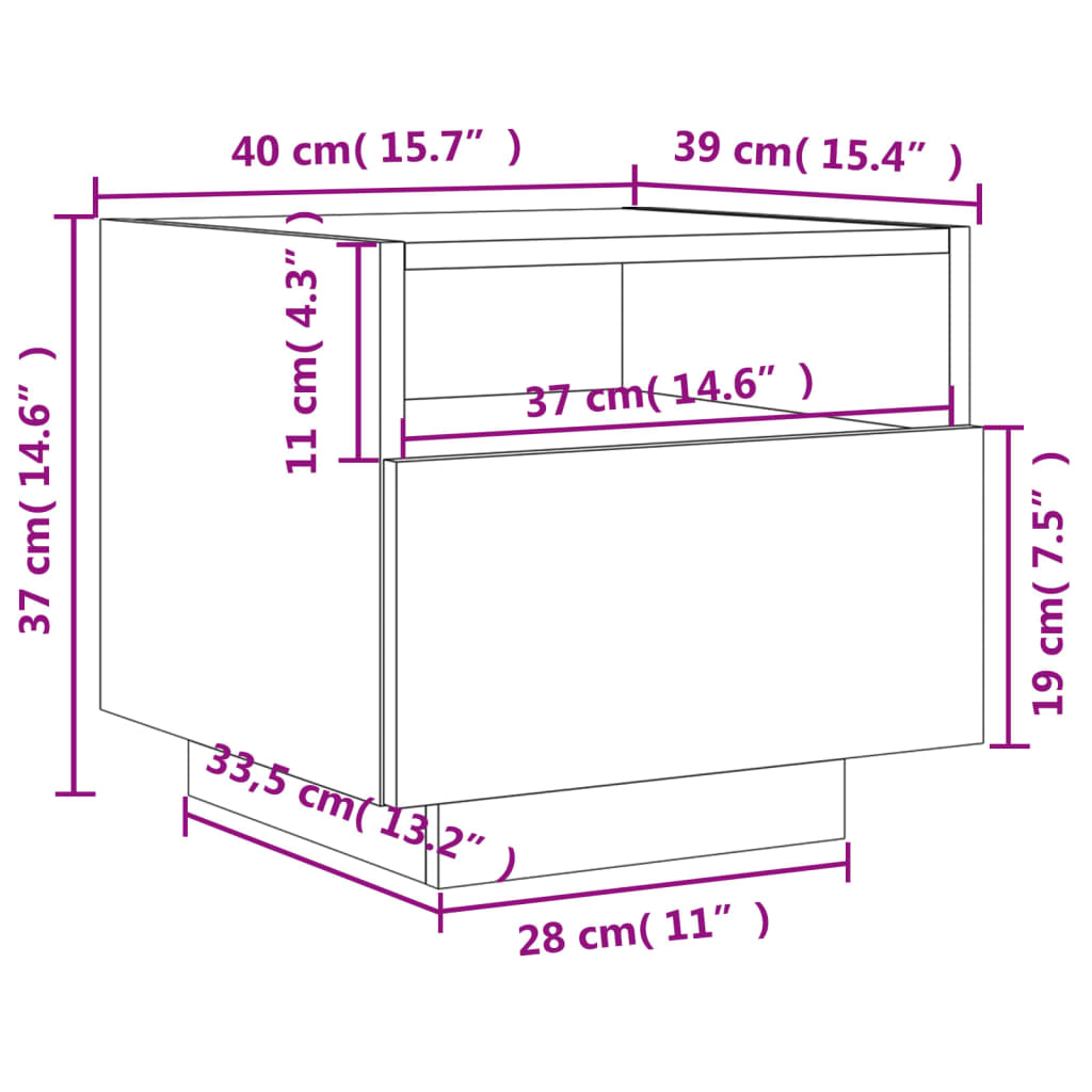 vidaXL Náttborð með LED-Ljósum Grátt Sonoma 40x39x37 cm