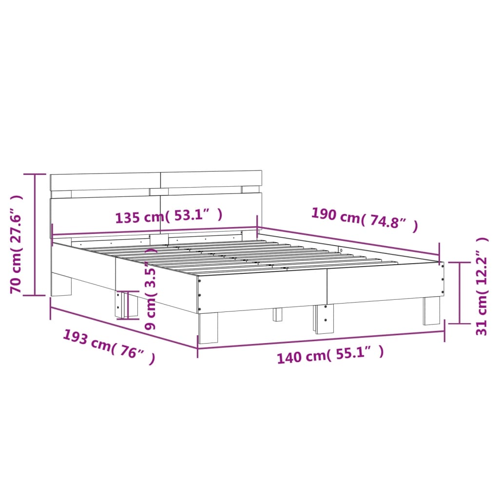 vidaXL Rúmgrind með LED án Dýnu Svört 135x190 cm