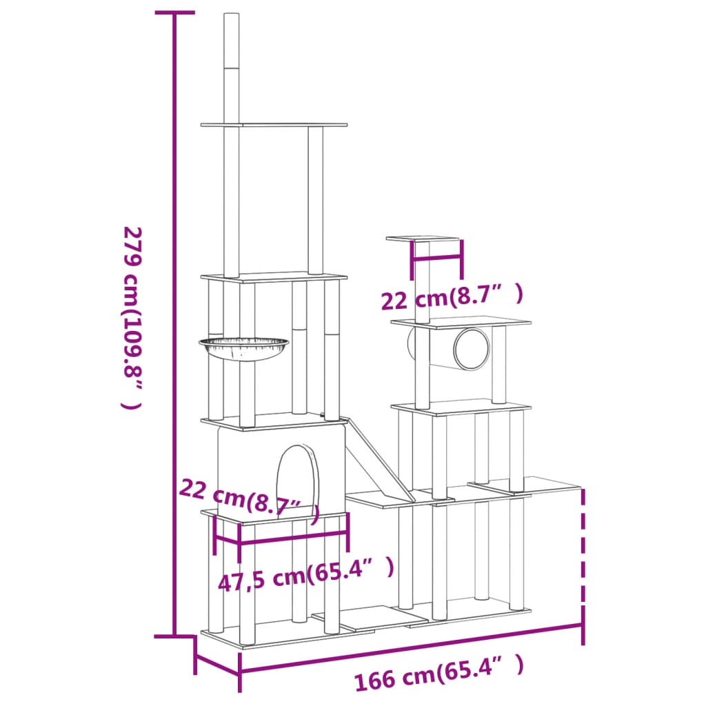 vidaXL Kattatré með Sísalklórustaurum Rjómahvítt 279 cm