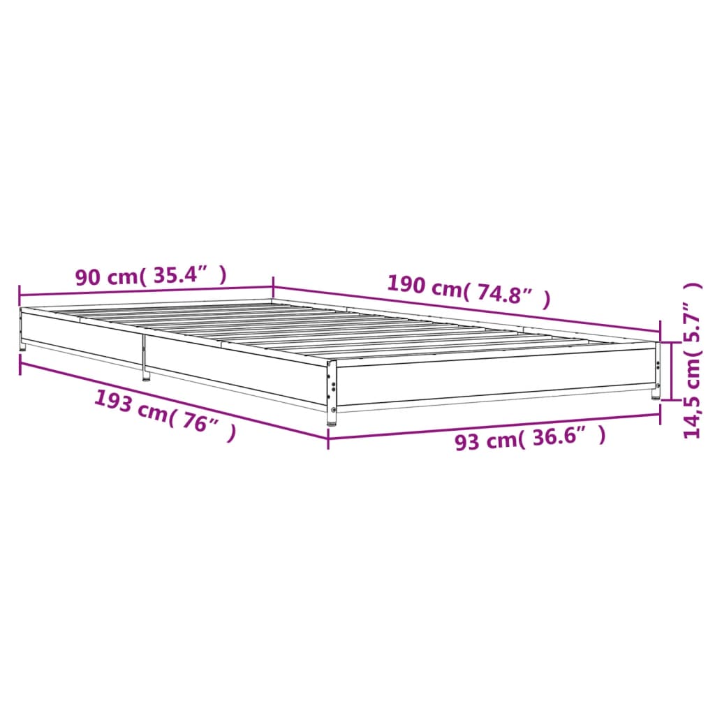 vidaXL Rúmgrind Reyktóna Eikarlitur 90x190cm Samsettur Viður og málmur