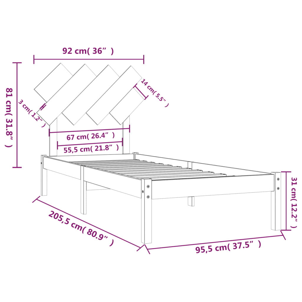 vidaXL Rúmgrind 90x200 cm Gegnheill Viður